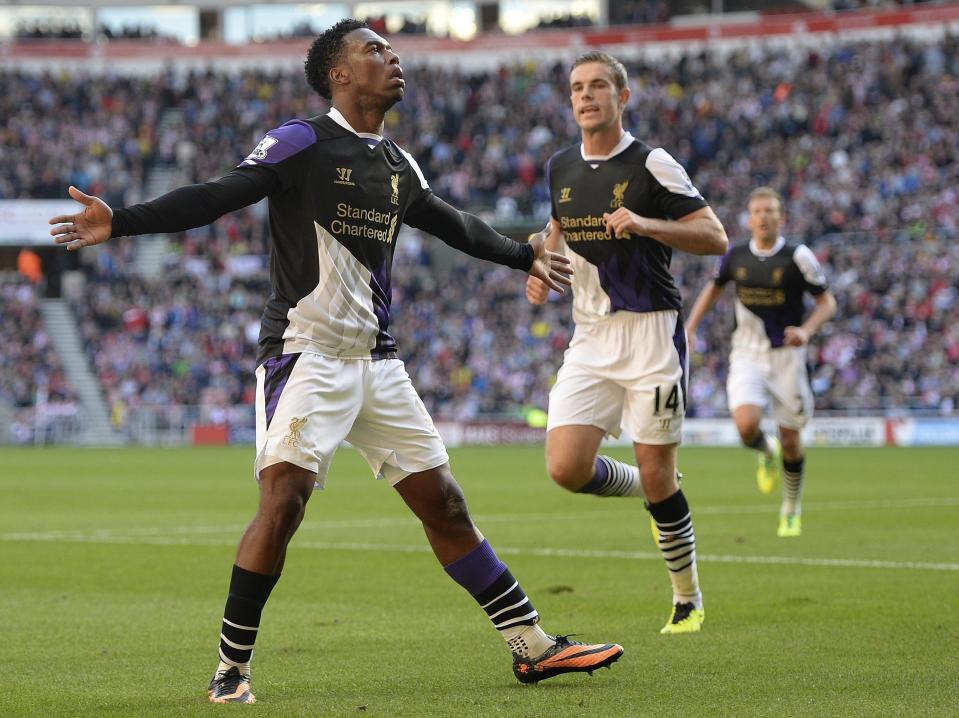 Liverpool's Sturridge celebrates scoring against Sunderland during their English Premier League soccer match at The Stadium of Light in Sunderland