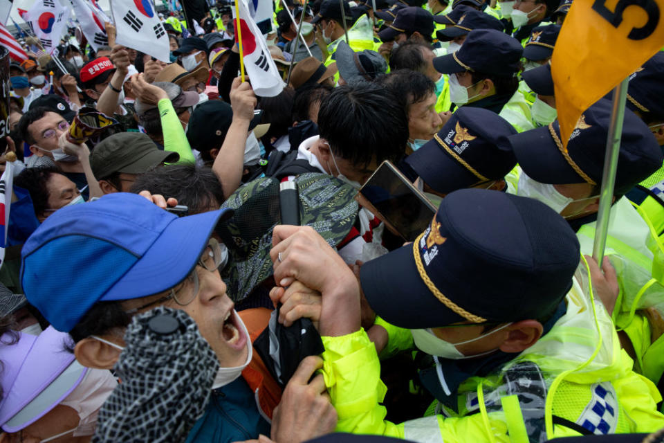 The protesters gathered to demand President Moon Jae-in step down.