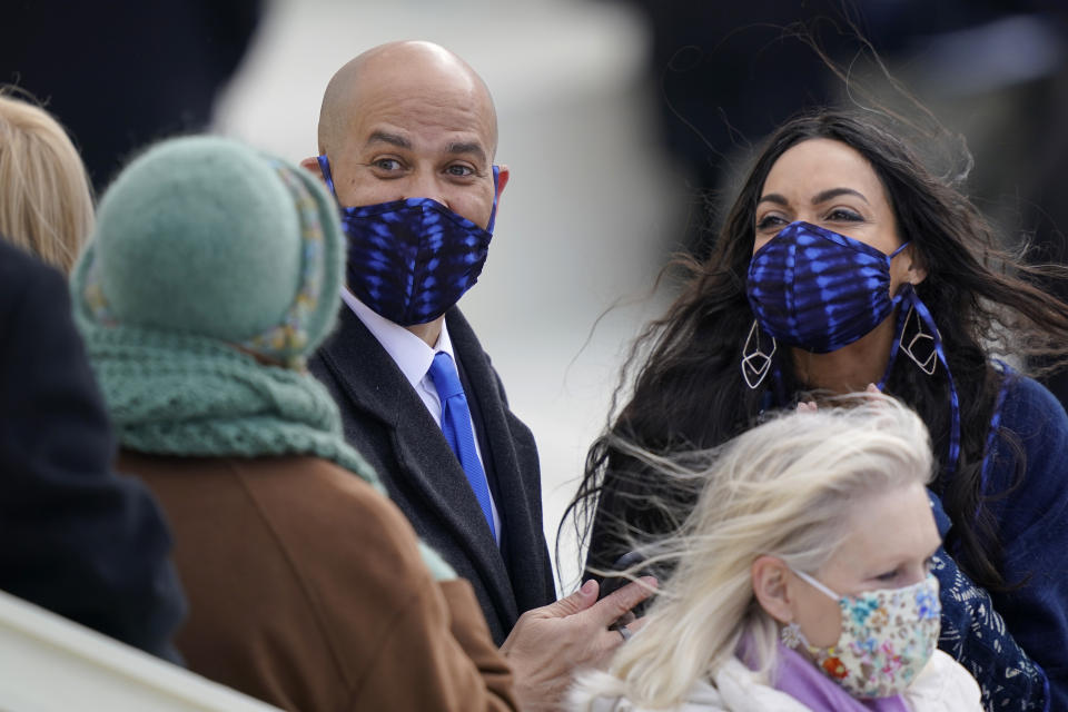 Sen. Cory Booker (D-NJ) and Rosario Dawson arrive the inauguration of U.S. President-elect Joe Biden on the West Front of the U.S. Capitol on January 20, 2021 in Washington, DC. During today's inauguration ceremony Joe Biden becomes the 46th president of the United States. (Photo by Drew Angerer/Getty Images)