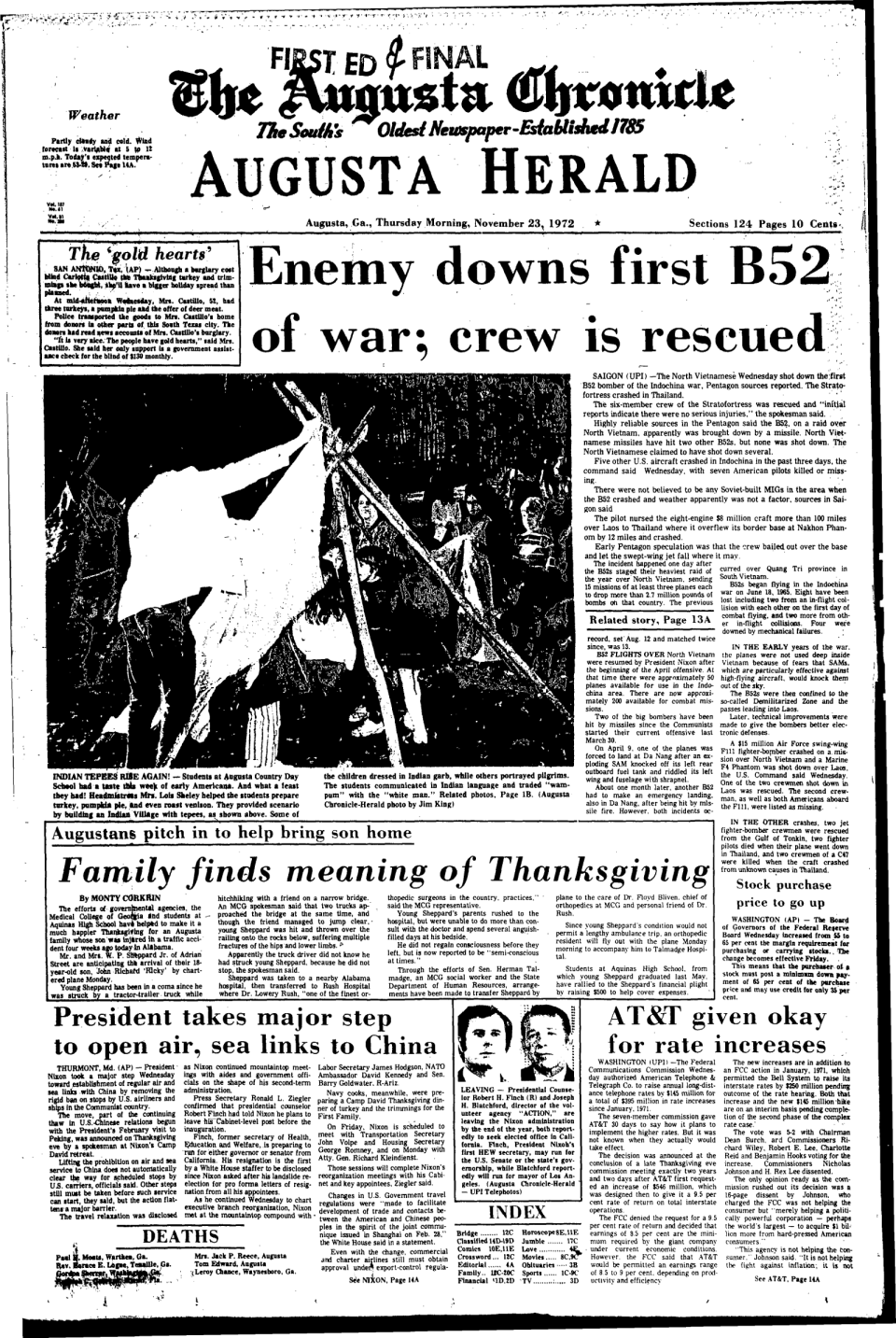 The front page of the Augusta Chronicle on Thanksgiving on November 23, 1972.