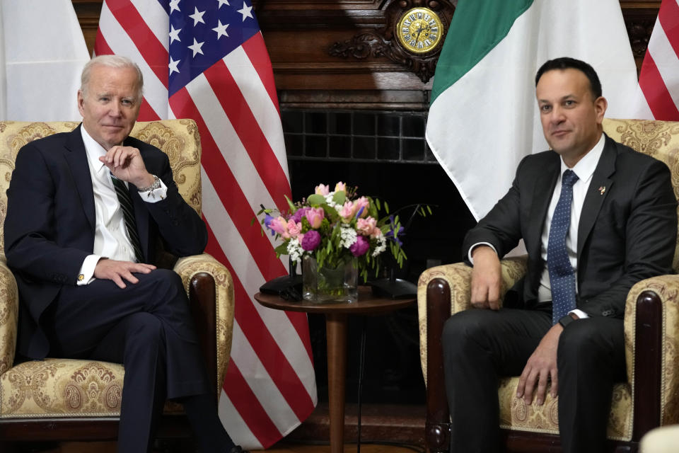 President Joe Biden meets with Ireland's Taoiseach Leo Varadkar at Farmleigh House, Thursday, April 13, 2023, in Dublin, Ireland. (AP Photo/Patrick Semansky)