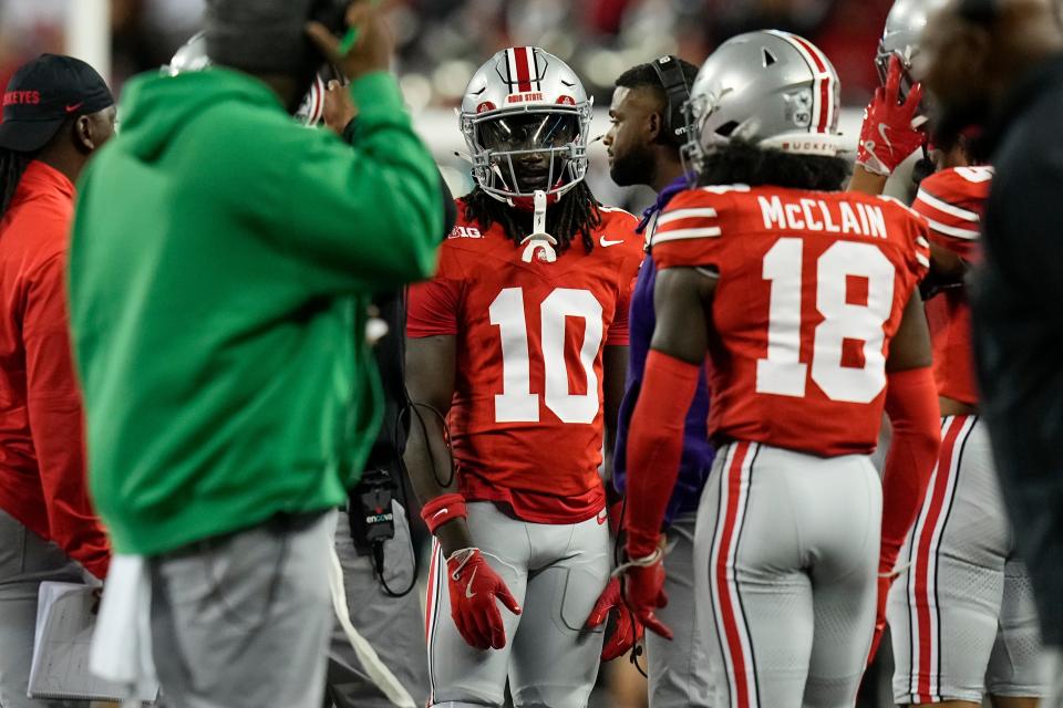 Sep 7, 2024; Columbus, Ohio, USA; Ohio State Buckeyes cornerback Denzel Burke reacts to a targeting ejection during the first half of the NCAA football game against the Western Michigan Broncos at Ohio Stadium.