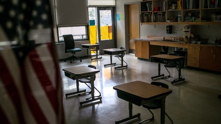 A kindergarten room sits empty as students from that class quarantine at home. Every kindergarten teacher at a school in San Antonio has tested positive for COVID-19, and the students’ parents are upset because the school didn’t notify families. (Photo by John Moore/Getty Images)