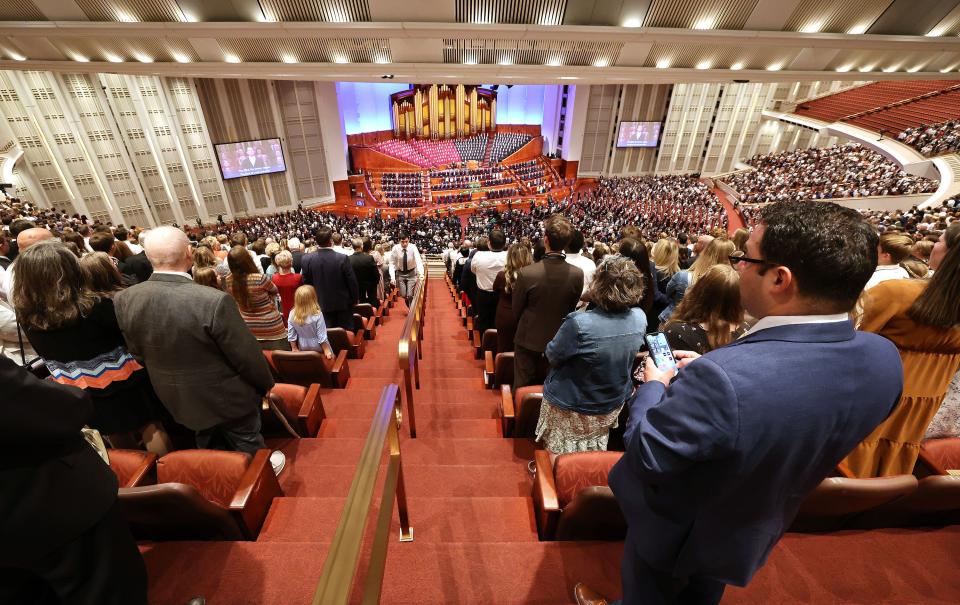 Attendees sing during the 193rd Semiannual General Conference of The Church of Jesus Christ of Latter-day Saints at the Conference Center in Salt Lake City on Sunday, Oct. 1, 2023. | Jeffrey D. Allred, Deseret News