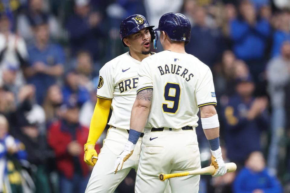 MILWAUKEE, WISCONSIN - APRIL 07: Willy Adames #27 of the Milwaukee Brewers reacts after crossing home plate after a solo home run in the fourth inning against the Seattle Mariners at American Family Field on April 07, 2024 in Milwaukee, Wisconsin. (Photo by John Fisher/Getty Images)