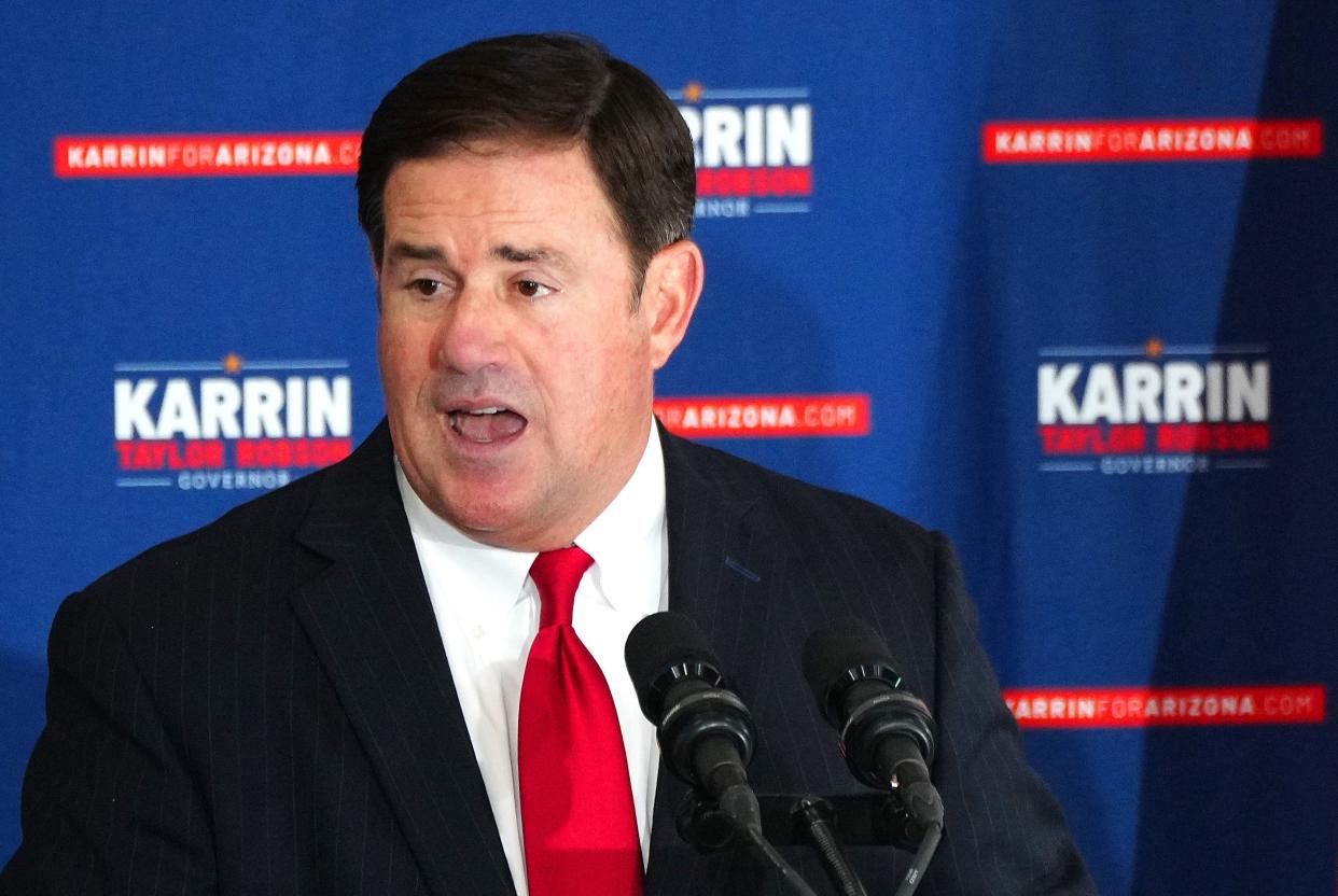 Gov. Doug Ducey speaks during an event for gubernatorial candidate Karrin Taylor Robson at TYR Tactical on July 22, 2022, in Peoria.