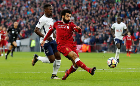 Serge Aurier was deployed on Spurs’ left to deal with Mohamed Salah’s pace at Wembley.