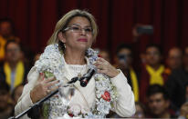 Bolivia's interim President Jeanine Anez speaks during a ceremony announce her nomination as presidential candidate for the May 3 elections in La Paz, Bolivia, Friday, Jan. 24, 2020. (AP Photo/Juan Karita)