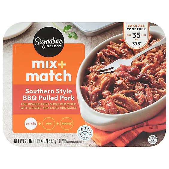 Food product packaging for Signature Select Mix + Match Southern Style BBQ Pulled Pork; image includes cooking instructions and product weight