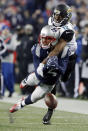 <p>New England Patriots cornerback Stephon Gilmore (24) breaks up a pass intended for Jacksonville Jaguars wide receiver Dede Westbrook (12) during the second half of the AFC championship NFL football game, Sunday, Jan. 21, 2018, in Foxborough, Mass. (AP Photo/Winslow Townson) </p>