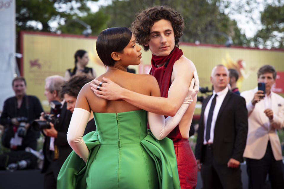 Taylor Russell, left, Timothee Chalamet pose for photographers upon arrival at the premiere of the film 'Bones and All' during the 79th edition of the Venice Film Festival in Venice, Italy, Friday, Sept. 2, 2022. (Photo by Vianney Le Caer/Invision/AP)