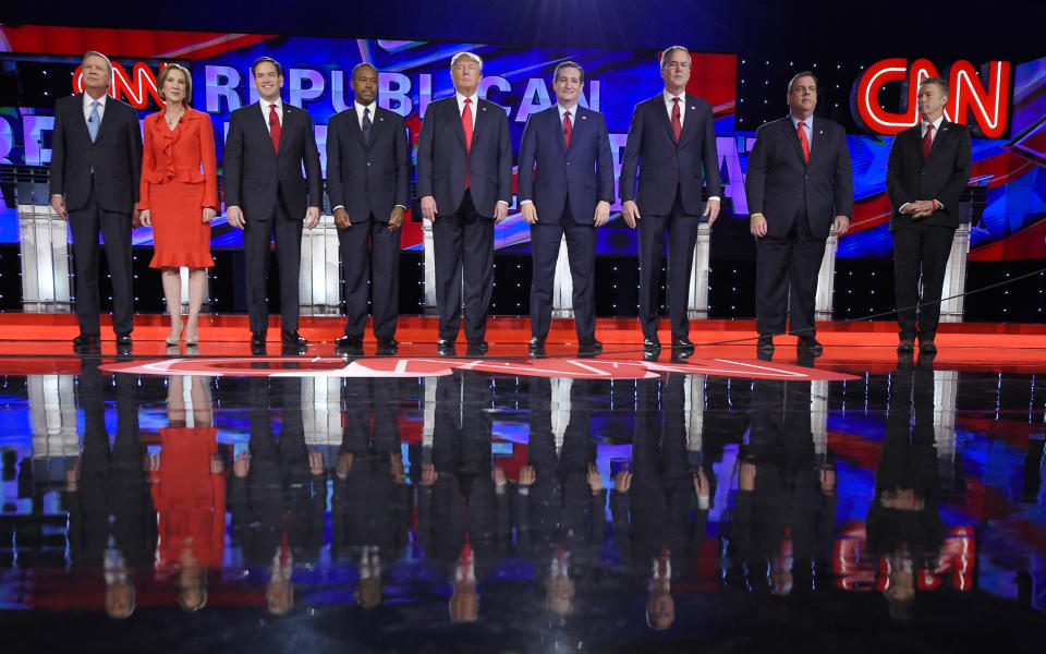 FILE - Republican presidential candidates, from left, John Kasich, Carly Fiorina, Marco Rubio, Ben Carson, Donald Trump, Ted Cruz, Jeb Bush, Chris Christie, and Rand Paul take the stage during the CNN Republican presidential debate at the Venetian Hotel & Casino on Tuesday, Dec. 15, 2015, in Las Vegas. Republicans once warned about a repeat of 2016, when the sprawling GOP field failed to coalesce around a Trump alternative, giving him the nomination. But much of the urgency that once existed among Trump’s GOP rivals to limit the field has faded in recent months. (AP Photo/Mark J. Terrill, File)