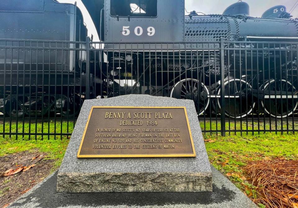 Memorial plaque for Benny Scott in Carolyn Crayton Park located at 3318 Brooklyn Ave. in Macon. Scott served in World War II and after the war to become the first Black locomotive engineer for the Norfolk Southern.