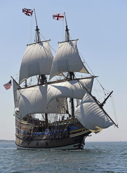 The Mayflower II sails through the waters of Fishers Island Sound off Groton, Conn., Tuesday, July 28, 2020, on the seventh day of two weeks of sea trials. The vessel, a replica of the original Mayflower that carried the Pilgrims to America in 1620, left Mystic Seaport Museum last week after a three-year, $11.2 million restoration by the workers at the Henry B. duPont Preservation Shipyard. Events scheduled in Boston and Cape Cod this spring and summer for the 400th anniversary were all postponed due to the coronavirus pandemic. Mayflower II will be docked, when not at sea, at City Pier in New London until it departs sometime next week for its return to Plymouth. (Sean D. Elliot/The Day via AP)