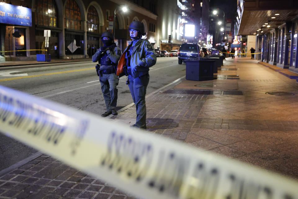 Police block a downtown street following a protest, Saturday, Jan. 21, 2023, in Atlanta, in the wake of the death of an environmental activist killed after authorities said the 26-year-old shot a state trooper. (AP Photo/Alex Slitz)