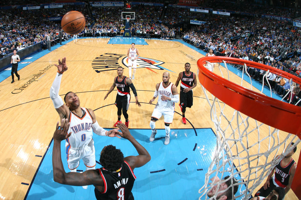 Russell Westbrook shot early, often and successfully against the Blazers on Tuesday, but even a career-high 58 points weren't enough for the win. (Layne Murdoch/NBAE/Getty Images)