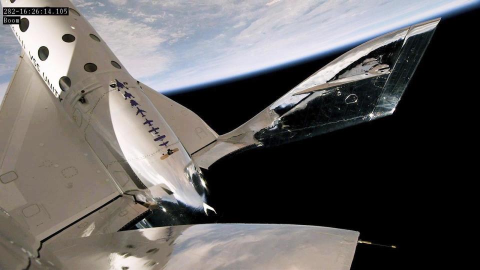 This photo released by Virgin Galactic shows a view of Earth from Virgin Galactic's rocket plane as it reaches an altitude of more than 54 miles during a test flight on Thursday, May 25, 2023. Virgin Galactic completed what's expected to be its final test flight Thursday before taking paying customers on brief trips to space. (Virgin Galactic via AP)