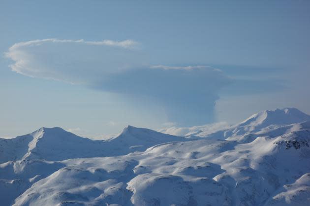A plume from the Bogoslof eruption can be seen from Unalaska Island, 53 miles away from the volcano, on February 19, 2017.<br><em>(<a href="https://avo.alaska.edu/images/image.php?id=105151" rel="nofollow noopener" target="_blank" data-ylk="slk:Janet Schaefer / AVO;elm:context_link;itc:0;sec:content-canvas" class="link ">Janet Schaefer / AVO</a>)</em>