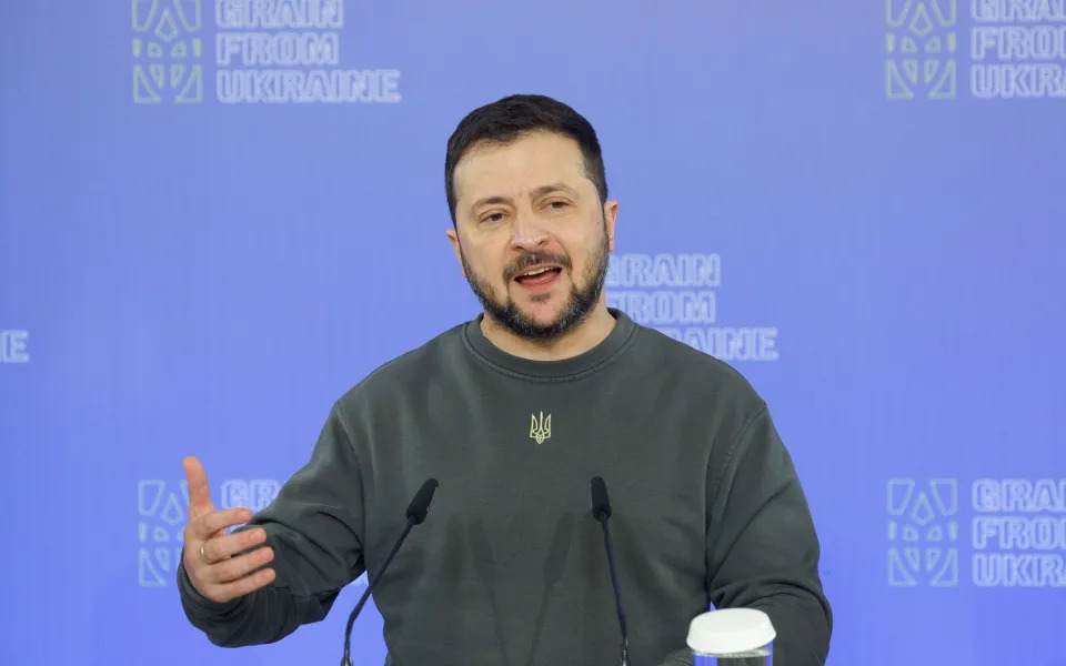 Ukraine's President Volodymyr Zelensky speaks during a joint press conference following a meeting in Kyiv, Ukraine