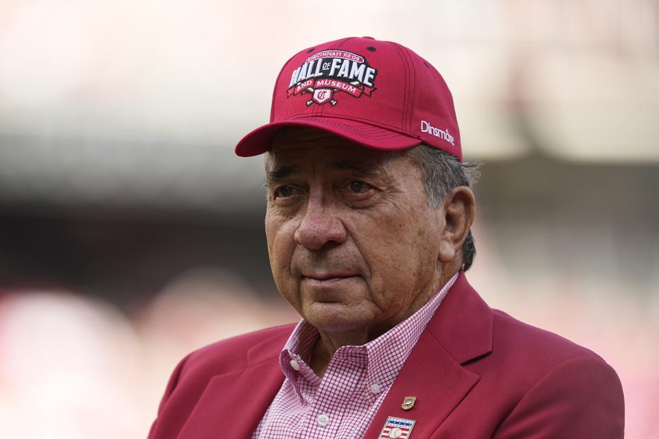 Former Cincinnati Reds player Johnny Bench looks on after his introduction during the Reds Hall of Fame induction ceremony before the baseball game between the Reds and Milwaukee Brewers, Saturday, July 15, 2023, in Cincinnati.  (AP Photo/Darron Cummings)