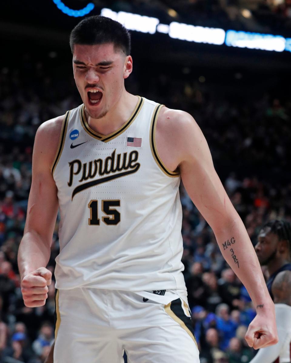 Purdue Boilermakers center Zach Edey (15) celebrates after scoring during the NCAA MenÕs Basketball Tournament game against the Fairleigh Dickinson Knights, Friday, March 17, 2023, at Nationwide Arena in Columbus, Ohio. Fairleigh Dickinson Knights won 63-58.