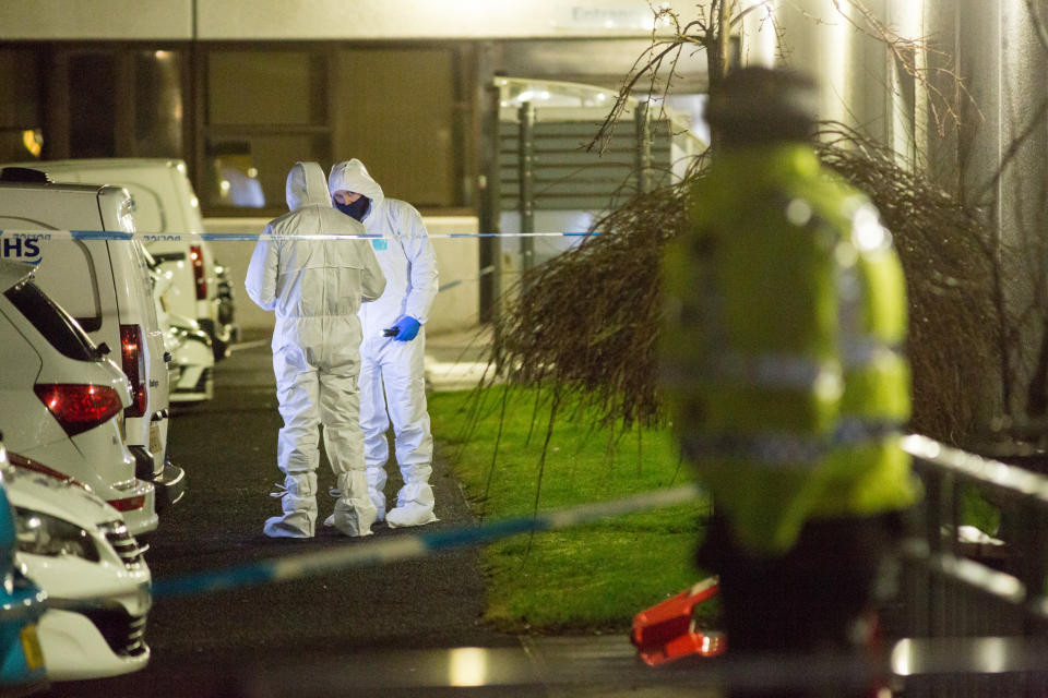 KILMARNOCK, SCOTLAND - FEBRUARY 5: General view of Crosshouse Hospital with police at the scene on February 5, 2021 in Kilmarnock, Scotland. Crosshouse Hospital near Kilmarnock is under lockdown as Police Scotland attend a serious incident. They are also in attendance to another incident in the town centre. (Photo by Robert Perry/Getty Images)