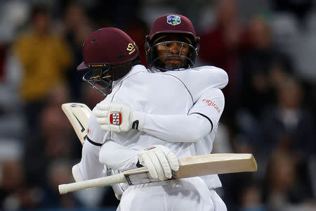 Cricket - England vs West Indies - Second Test - Leeds, Britain - August 29, 2017 West Indies' Shai Hope and Shane Dowrich celebrate their win Action Images via Reuters/Lee Smith