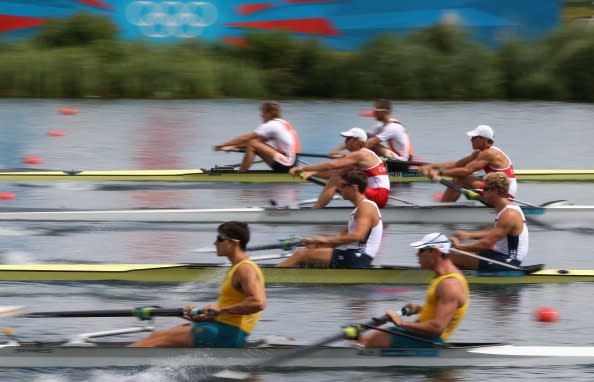 The Netherlands, United States, Australia and Canada compete in the Men's Pair Heat 2 on Day 1 of the London 2012 Olympic Games at Eton Dorney on July 28, 2012 in Windsor, England. (Photo by Streeter Lecka/Getty Images)