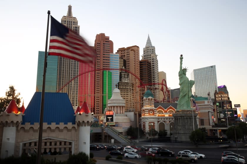 LAS VEGAS, CA - JULY 05: The Las Vegas strip is seen at dusk in the strip on Sunday, July 5, 2020 in Las Vegas, CA. (Dania Maxwell / Los Angeles Times)