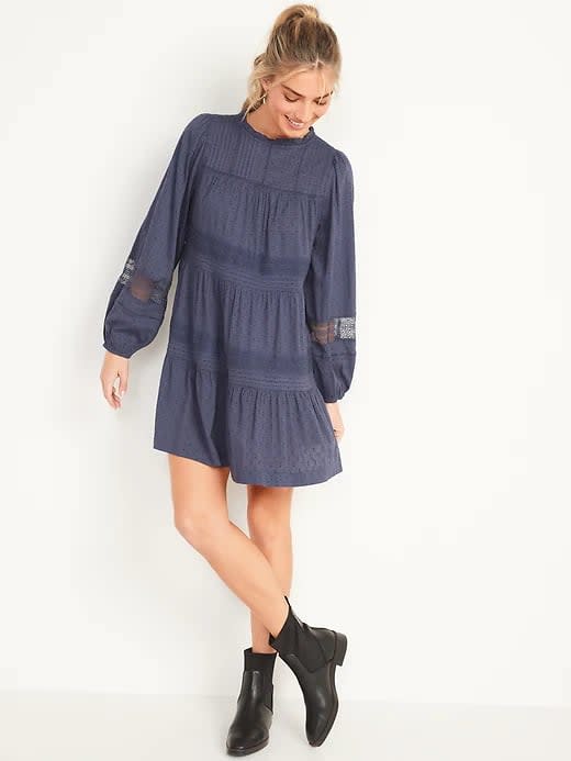 <p>We'd wear this <span>Old Navy Long-Sleeve Pintucked Clip-Dot Mini Swing Dress</span> ($52-$55, originally $55) out to brunch with friends whether adding short boots or sneakers down below.</p>
