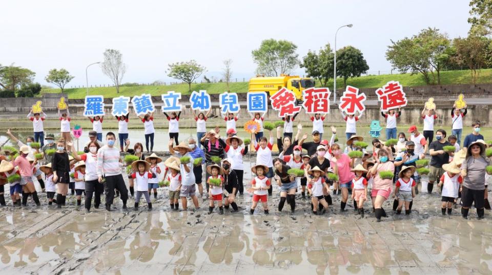 羅東鎮長吳秋齡帶領鎮立幼兒園幼裡園旁稻田區插秧，有三百餘位師生參與。（羅東鎮公所提供）