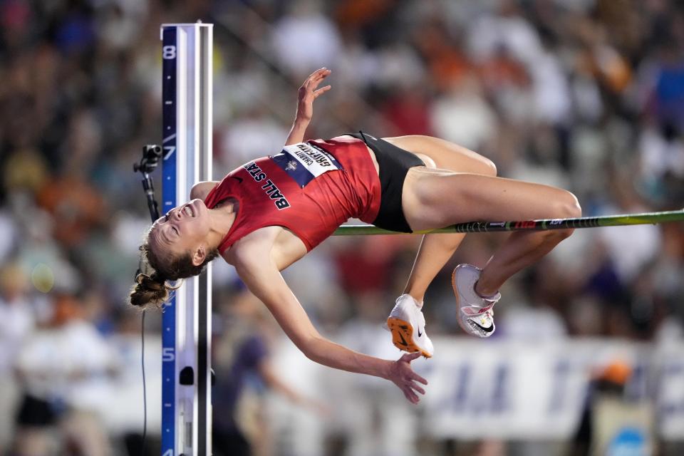 Jun 10, 2023; Austin, TX, USA; Charity Griffith of Ball State wins the women's high jump at 6-4 (1.93m) during the NCAA Track & Field Championships at Mike A. Myers Stadium.