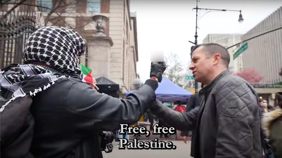 The president of Accuracy in Media spoke with anti-Israeli protesters at Columbia University, including one person who flipped him off.