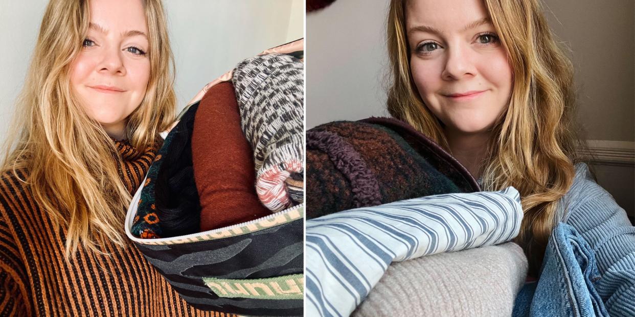 Composite photo of woman holding box of clothing taken at two different times