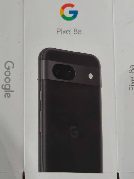 Pixel 8a retail box showing a black version of the phone