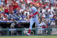 St. Louis Cardinals' Dylan Carlson (3) runs to home after hitting a home run during the first inning of a baseball game against the Philadelphia Phillies, Saturday, July 2, 2022, in Philadelphia. (AP Photo/Laurence Kesterson)