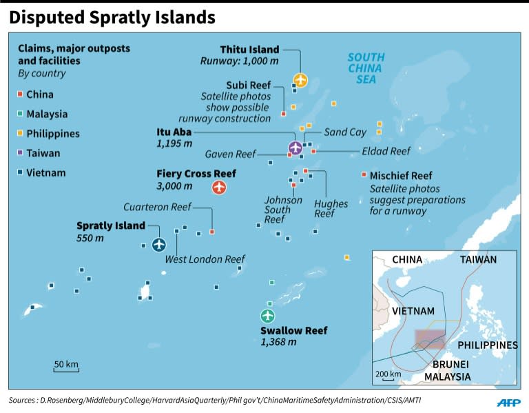 Map showing claims on the disputed Spratly Islands in the South China Sea. 135 x 105 mm