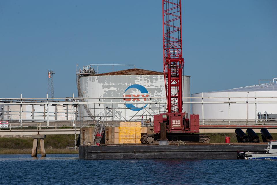 OxyChem's dock is seen from the La Quinta Channel on Oct. 19, 2022, in San Patricio County, Texas.