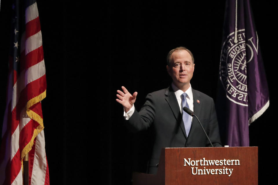 California Congressman Adam Schiff delivers remarks titled "The Threat to Liberal Democracy at Home and Abroad," to the Leopold Lecture at Northwestern University Thursday, Oct. 3, 2019, in Evanston, Ill. (AP Photo/Charles Rex Arbogast)