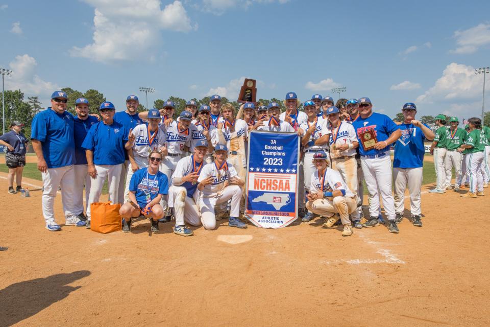 West Henderson celebrates with its state championship trophy after beating J.H. Rose in the NCHSAA 3A State Championship on June 3, 2023, at Burlington Athletic Stadium in Burlington, NC. [PAT SHRADER/SPECIAL TO THE CITIZEN TIMES]