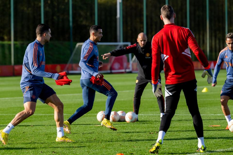 Back in action: Cristiano Ronaldo was back in Manchester United training on Tuesday  (Manchester United via Getty Images)