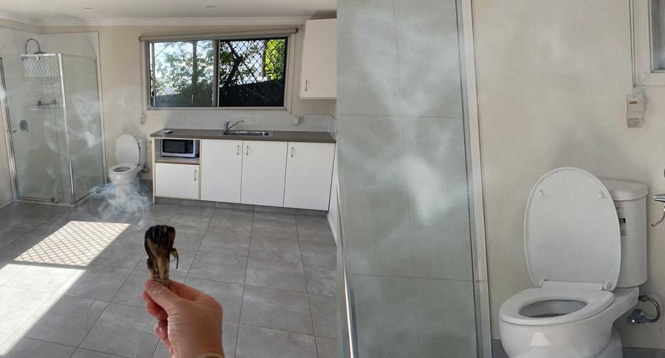 A toilet and shower are seen installed in the kitchen of a Gold Coast home.