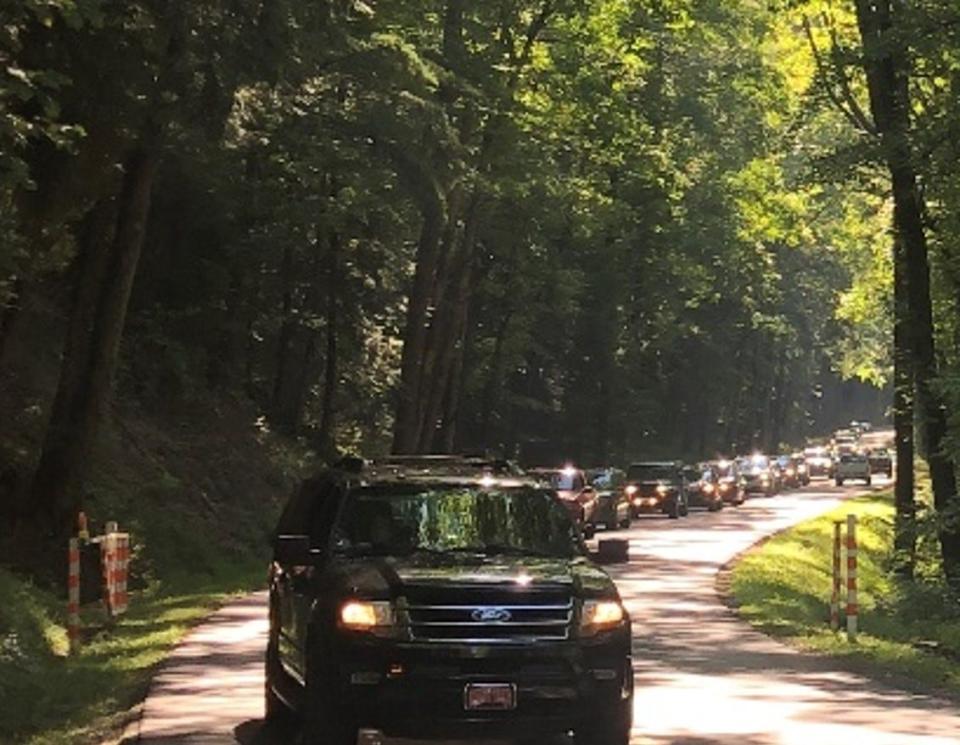 Laurel Creek Road on vehicle-free days in the Smokies can be backed up for hours waiting for gates to open to vehicles.