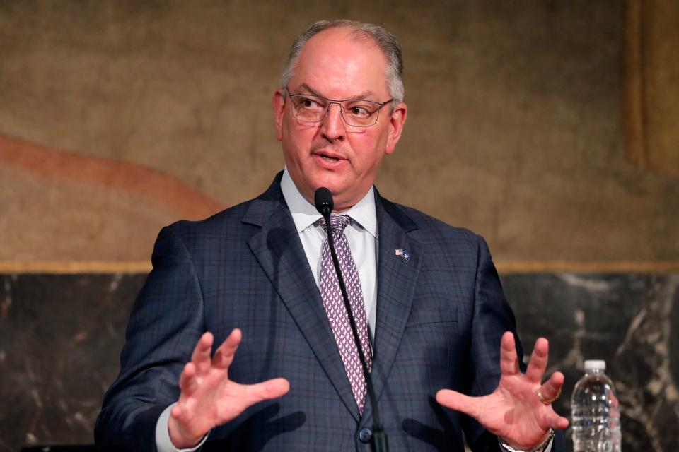 Louisiana Gov. John Bel Edwards speaks to reporters at a briefing on the state's efforts against the coronavirus pandemic in Baton Rouge, La., Monday, May 4, 2020.