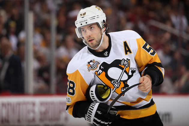 GLENDALE, AZ – FEBRUARY 11: Kris Letang #58 of the Pittsburgh Penguins skates up to a face off during the third period of the NHL game against the Arizona Coyotes at Gila River Arena on February 11, 2017 in Glendale, Arizona. The Coyotes defeated the Penguins 4-3 in overtime. (Photo by Christian Petersen/Getty Images)