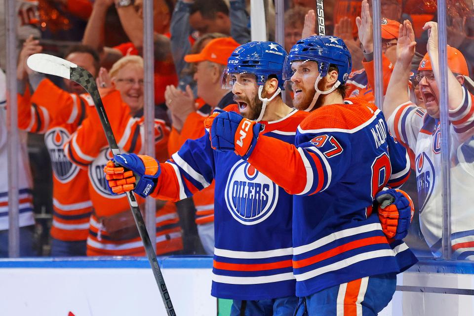 Center Connor McDavid (97) and defenseman Evan Bouchard (2) are among the leaders of the Edmonton Oilers' powerful offense.