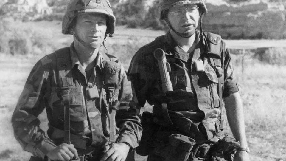 Tim Walz, right, and Gary Bloomberg, left, at Camp Guernsey, an artillery training facility in Guernsey, Wyo., in 1992. Walz was a U.S. Army National Guard staff sergeant at the time. - US Army