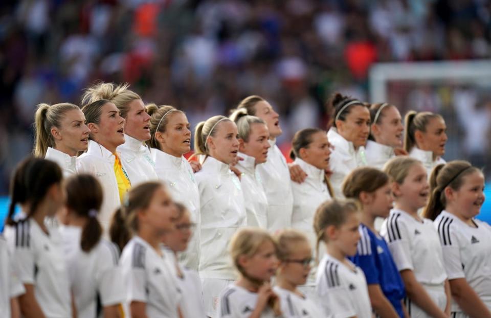 England’s players sing the national anthem ahead of their 5-0 Euro 2022 victory over Northern Ireland (John Walton/PA) (PA Wire)