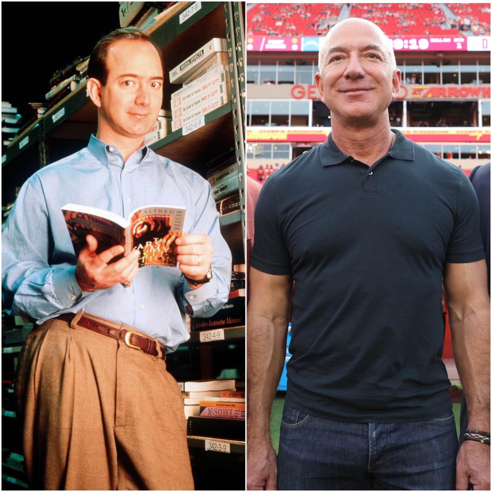 A photo collage of Jeff Bezos in 1994 next to a photo of him in 2023