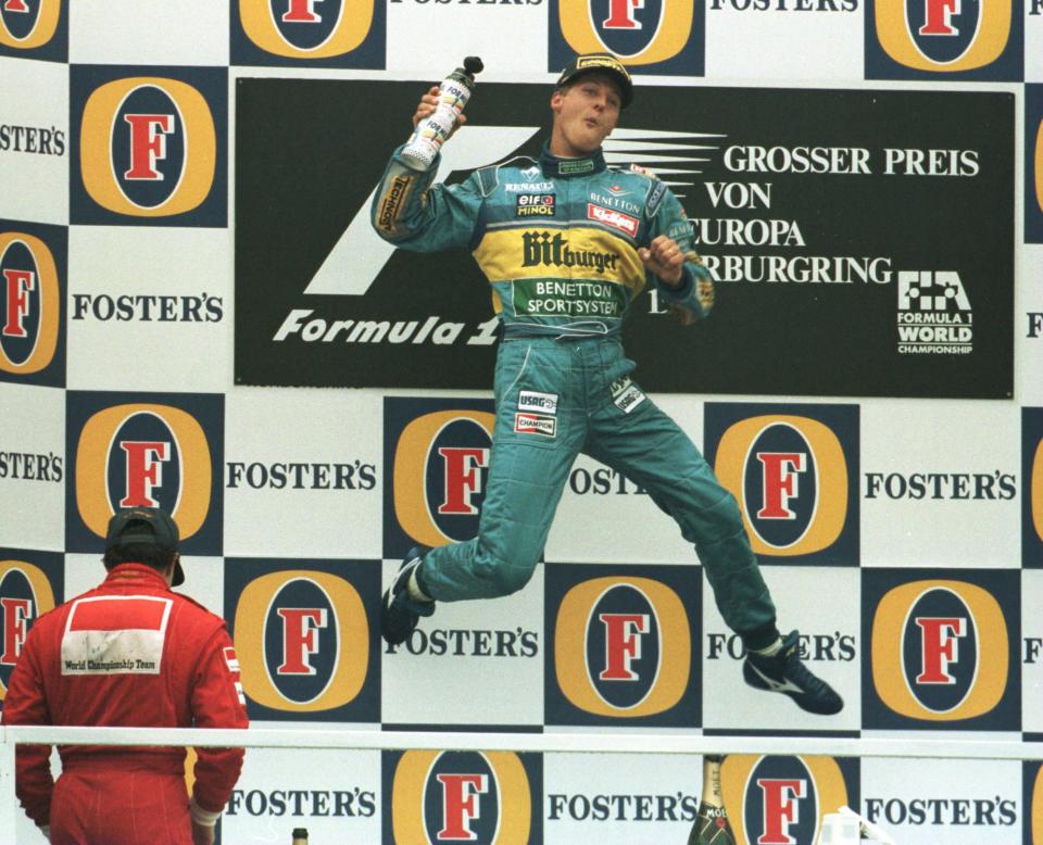 <b>EUROPE 1995</b><br><br> In his last race in Europe for Benetton, Schumacher reeled in Jean Alesi and overtook the Frenchman two laps from the finish to win in front of his home fans at the Nuerburgring in a race hailed as the greatest of his second championship year.